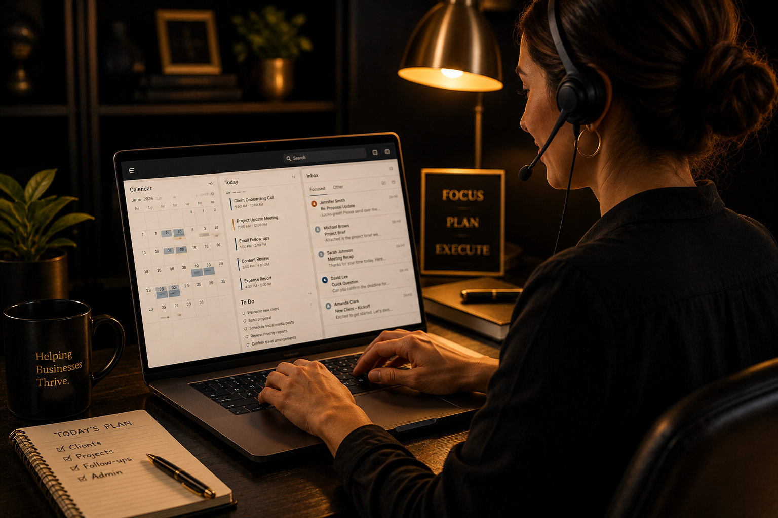 Virtual assistant wearing a headset managing calendar, inbox and to-do list on a laptop